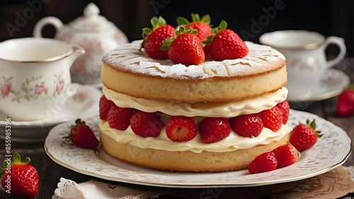 Wallpaper Mural Victorian sponge cake with cream and strawberry filling, close-up Torontodigital.ca