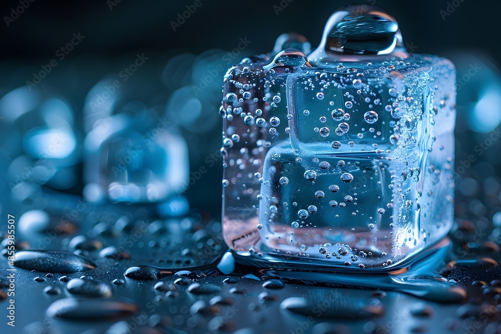 Close-up of Melting Ice Cube with Water Droplets Cooling, Refreshing Concept for Beverage and Background Design Close-up of Melting Ice Cube with Water Droplets Cooling, Refreshing Concept for Beverage and Background Design