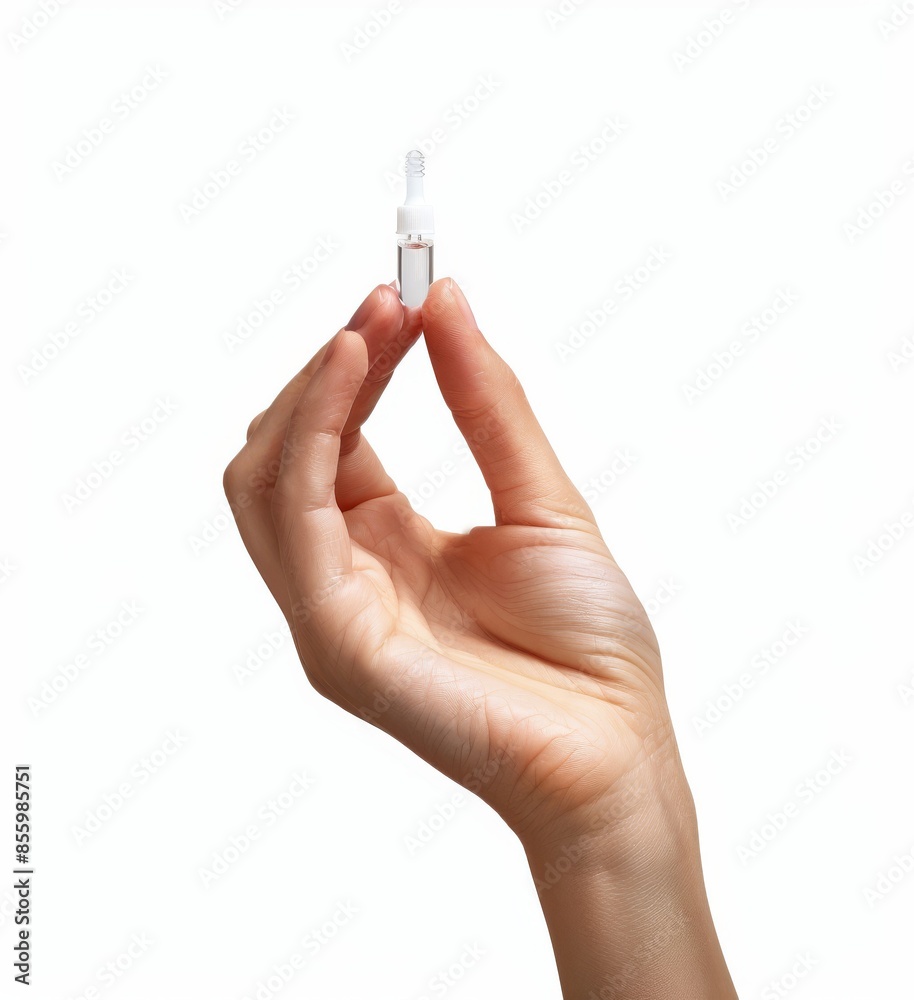 With clipping path, an isolated hand holds an eyedrop bottle on a white background With clipping path, an isolated hand holds an eyedrop bottle on a white background