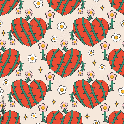 Seamless vector pattern with abstract heart wrapped with bindweed flowers. Psychedelic background with symbol of love. Naive art, groovy design. Trippy creeper outline texture