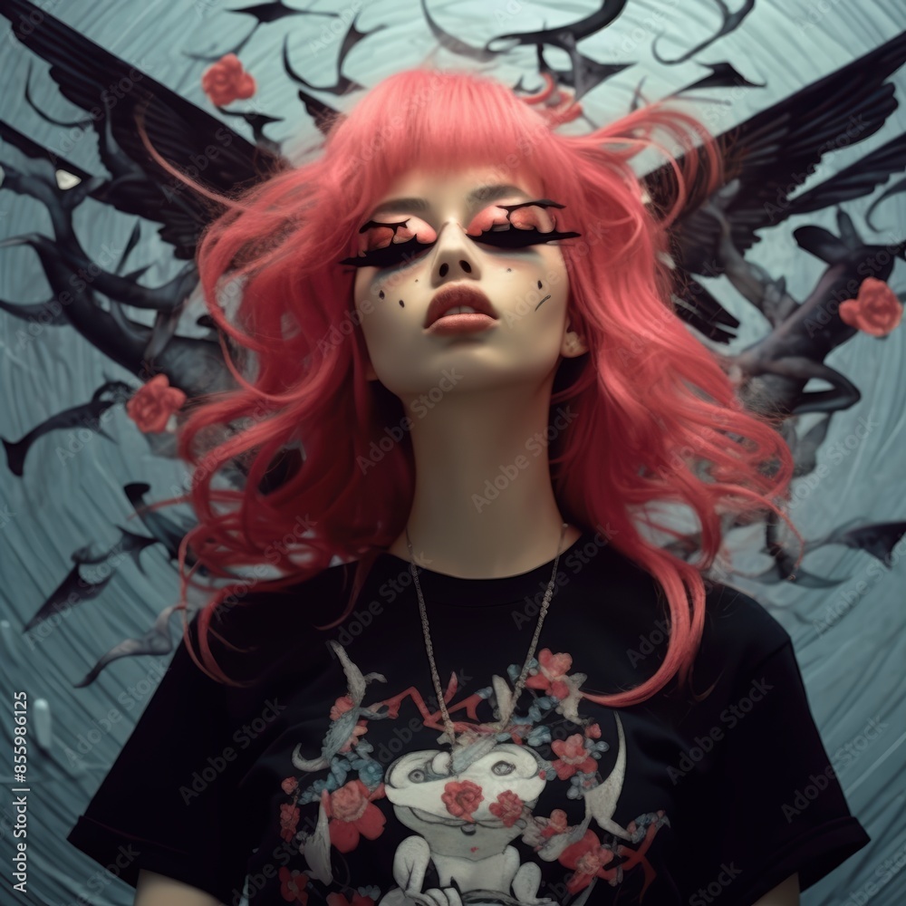 Obraz premium Photo of a woman in an expressive style, punk style. Young woman with pink hair against a wall