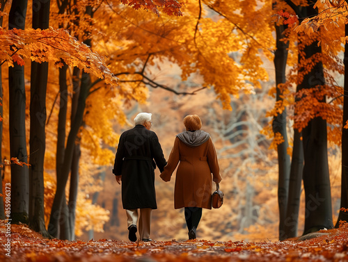 A couple walks hand-in-hand through a vibrant forest, the trees ablaze with autumn colors