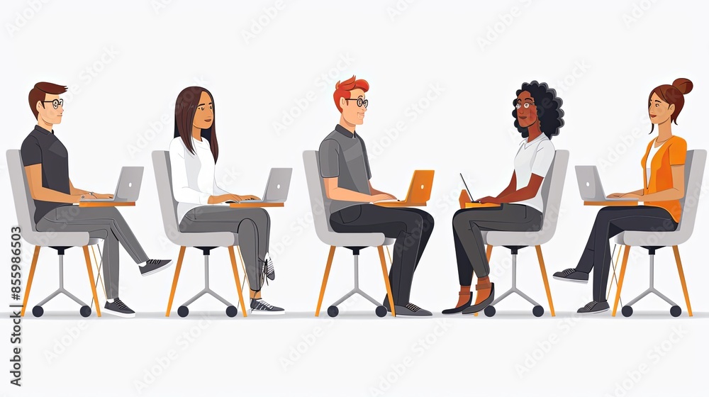 Office workers are sitting at desks, communicating with each other. Business Concept illustration. Editable flat graphic vector illustrations isolated on white background Office workers are sitting at desks, communicating with each other. Business Concept illustration. Editable flat graphic vector illustrations isolated on white background
