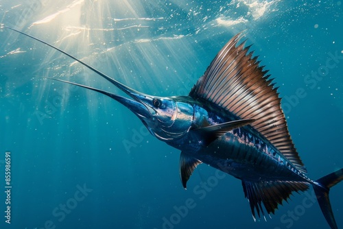 A sailfish puts up its fin as the billfish swims past. Side view close up photo