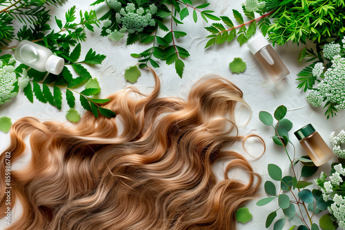 Top View of Wavy Hair with Botanicals. Top view of wavy brunette hair with green foliage and beauty products.
