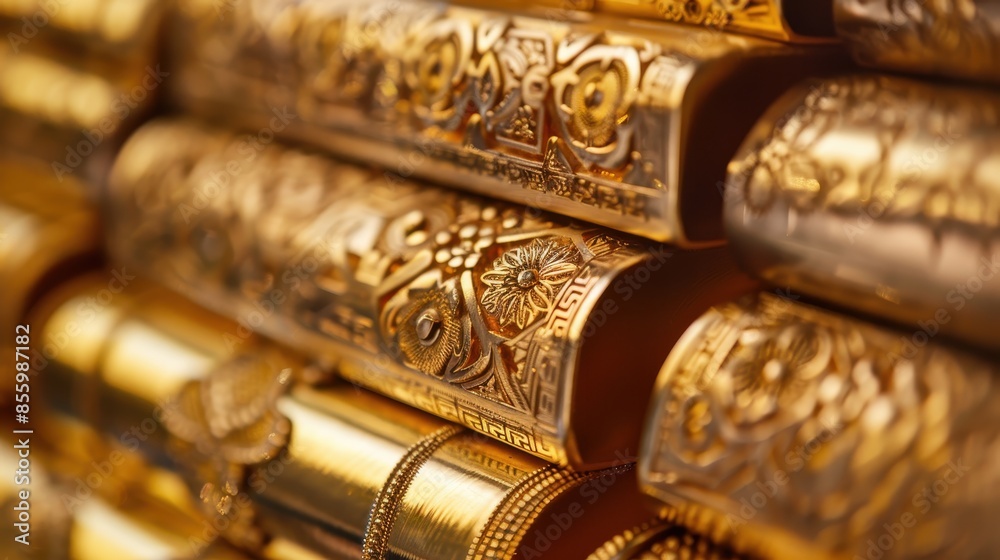 A stack of gold ingots with intricate designs, illustrating the diversity and craftsmanship of gold as an investment A stack of gold ingots with intricate designs, illustrating the diversity and craftsmanship of gold as an investment