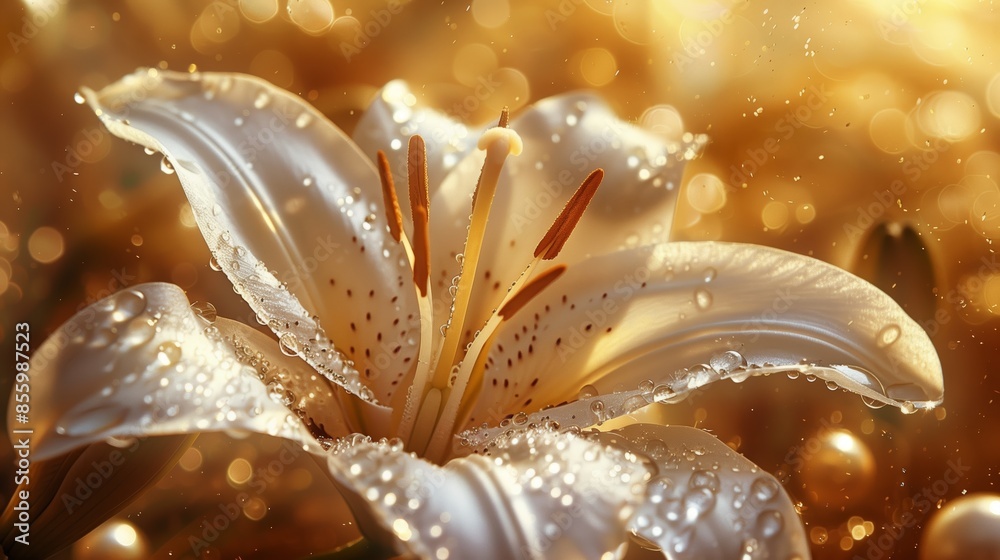 Close-up of a dewy lily bloom on a soft beige fabric, highlighting its delicate petals and vibrant stamen. Close-up of a dewy lily bloom on a soft beige fabric, highlighting its delicate petals and vibrant stamen.