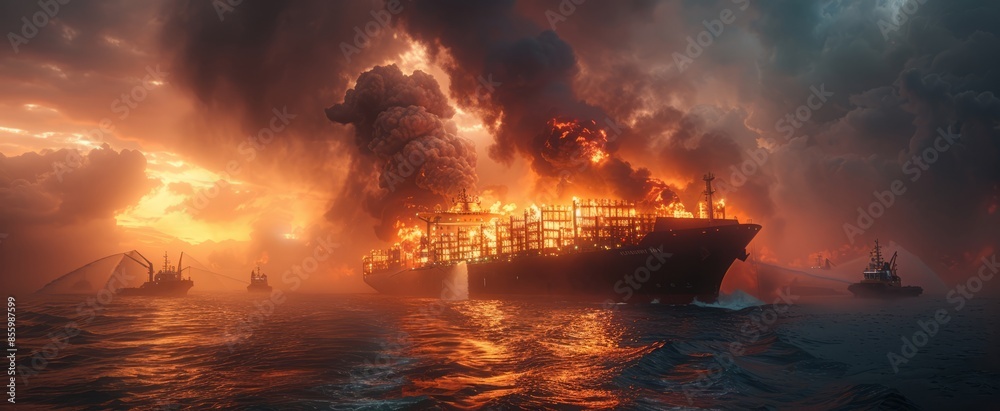 An emergency situation aboard a container ship on high seas. The large ...