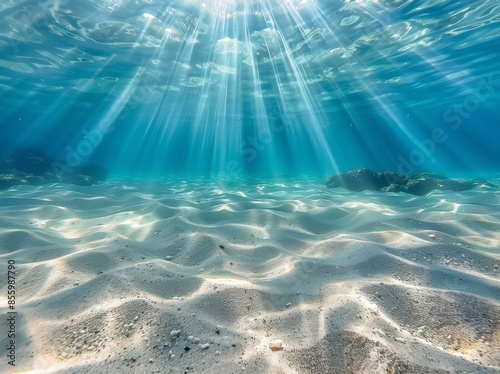Underwater background with a deep blue sea and beautiful light rays on a sandy floor