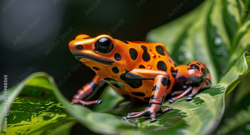 Close-up of a vibrant orange and black poison dart frog resting on a lush green leaf in a tropical rainforest. Close-up of a vibrant orange and black poison dart frog resting on a lush green leaf in a tropical rainforest.