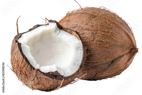 Old coconut with half on isolated transparent background.