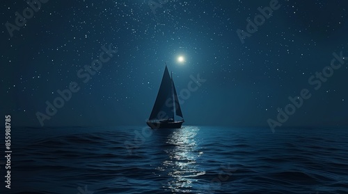 Starry sky over a sailboat at sea, minimalist ambiance, tranquil and serene night sailing experience