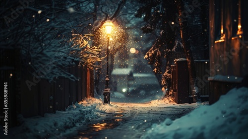 Street lamp illuminating a dark alleyway, freshly fallen snow covering the ground, raw and moody ambiance © Paul