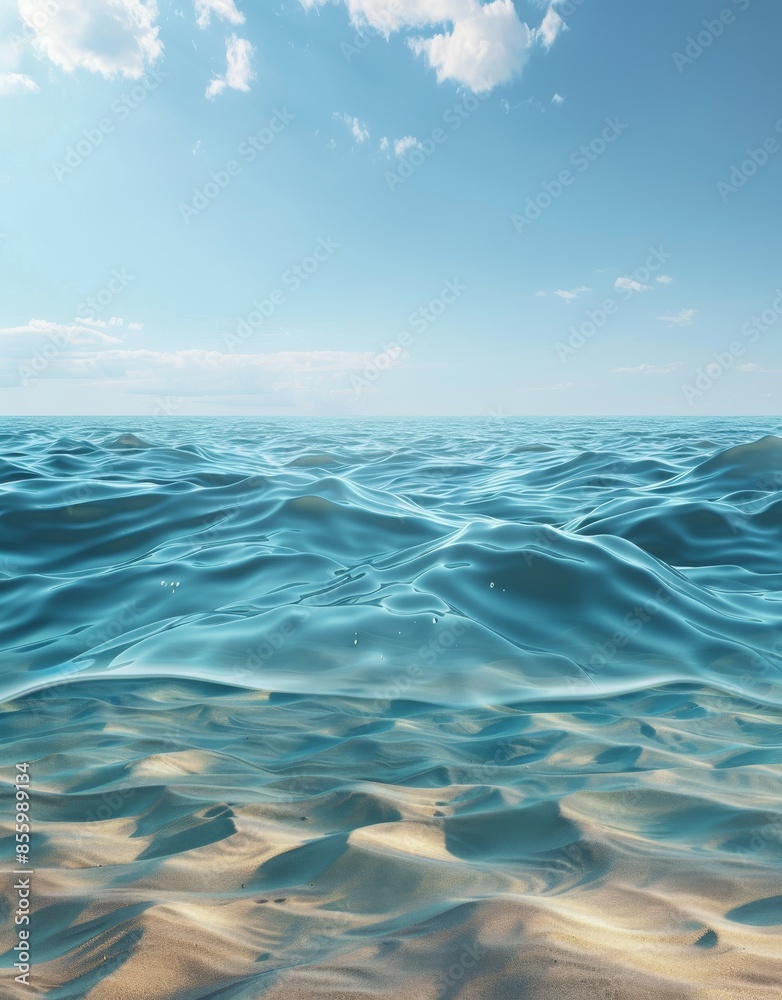 With a blue sky and clouds background, an underwater sea sandy scene is shown with ripples on the water surface. With a blue sky and clouds background, an underwater sea sandy scene is shown with ripples on the water surface.