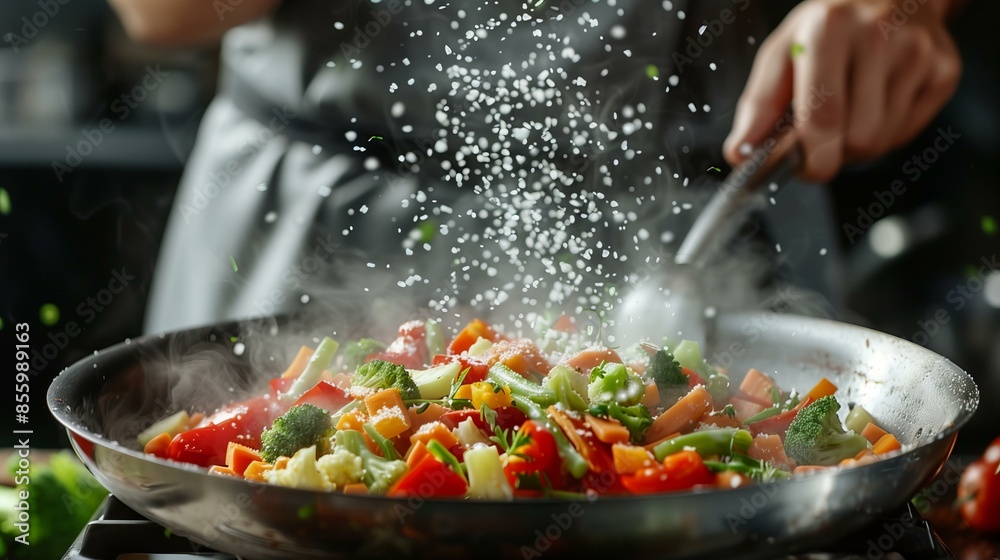 Chef tossing vibrant, fresh vegetables in a sizzling pan, highlighting the art of healthy cooking. Chef tossing vibrant, fresh vegetables in a sizzling pan, highlighting the art of healthy cooking.