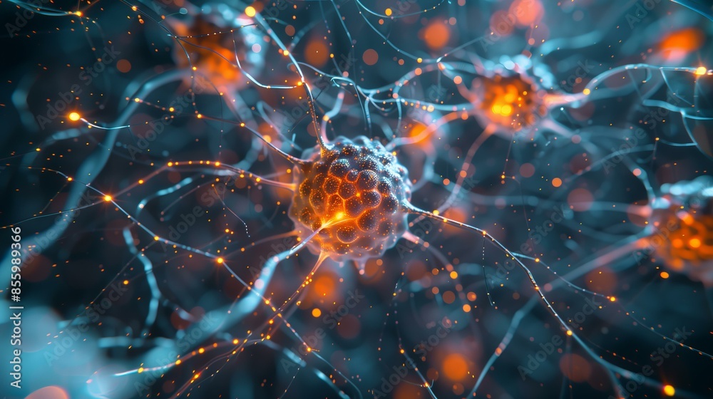 Close-up of neural network with glowing synapses, showcasing brain activity and connectivity. Close-up of neural network with glowing synapses, showcasing brain activity and connectivity.