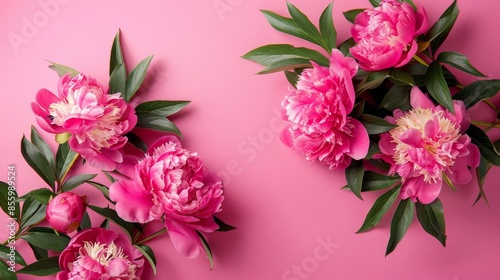Top view of vibrant peonies on a bright smooth pink background, perfect for advertising, isolated background, professional, studio lighting