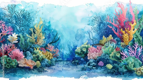 A watercolor painting of a coral reef with a sandy ocean floor. photo