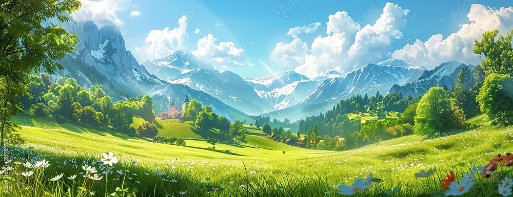 Fototapeta premium Serene Mountain Valley Landscape with a Church