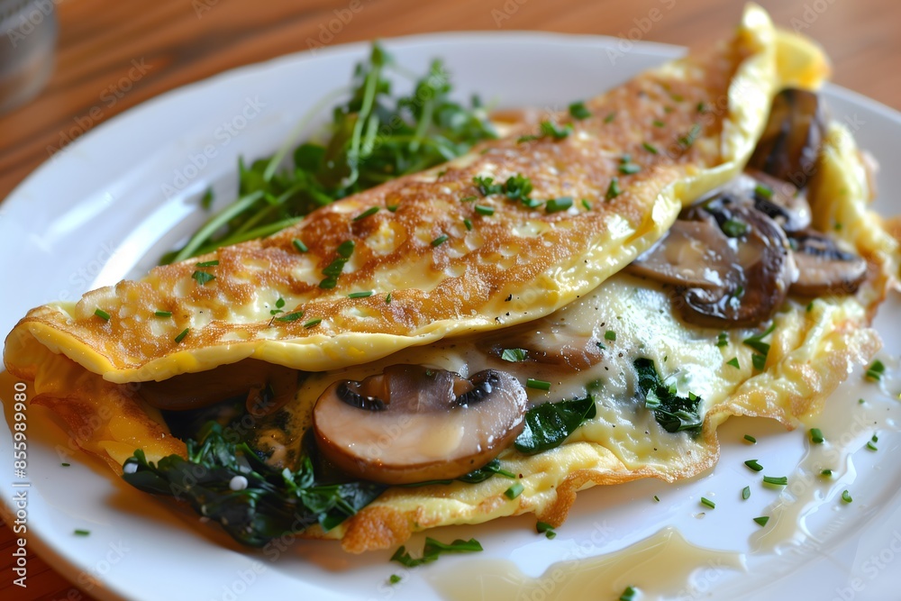 A freshly made omlette served with delicious mushrooms, melted cheese and spinach A freshly made omlette served with delicious mushrooms, melted cheese and spinach