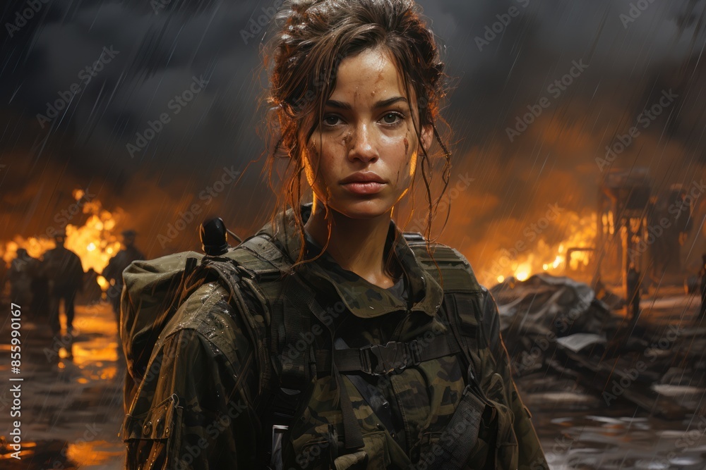 Beautiful girl in a military uniform stands in the rain against the backdrop of a burning building. Beautiful girl in a military uniform stands in the rain against the backdrop of a burning building.