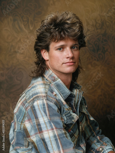 Portrait of a young man in the style of the 80s or 90s. Retro photo of a person dressed in vintage style. Nostalgic photo