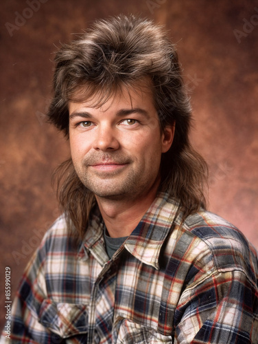 Portrait of a man in the style of the 80s or 90s. Retro photo of a person dressed in vintage style. Nostalgic photo
