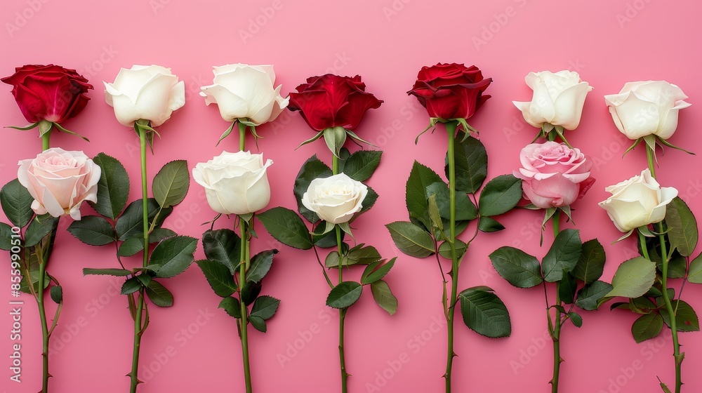 Fototapeta premium White, red, and pink roses viewed from above on a bright pink background, ample space for text, isolated background, studio lighting