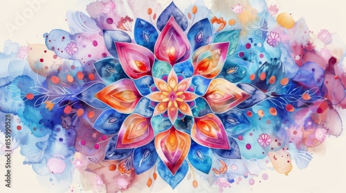 A watercolor painting of a mandala with intricate patterns and vibrant colors.
