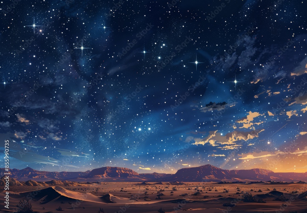 Obraz premium Against an abstract background, a sunset sky and stars are illuminated by the Milky Way