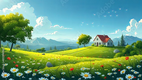 Nature and farm landscape. village, sky, field, trees, house and lawn for background, poster vector illustration set photo