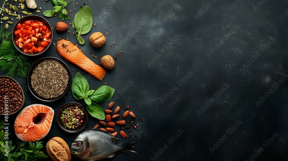 Top view of fresh ingredients for a nutritious meal with salmon and vegetables on a dark background. Top view of fresh ingredients for a nutritious meal with salmon and vegetables on a dark background.