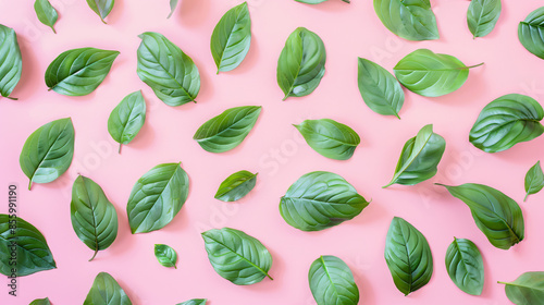 Green leaves flying on pastel background, top view. Creative layout with copy space for your design.