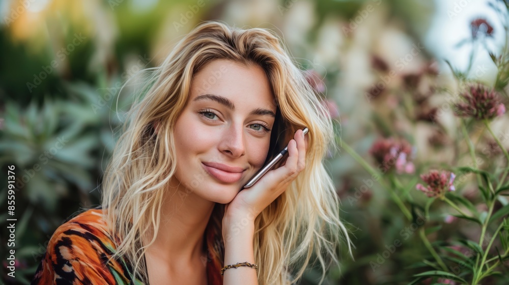 Young pretty smiling blonde woman talking over the phone on sunny day outdoors smiling Young pretty smiling blonde woman talking over the phone on sunny day outdoors smiling