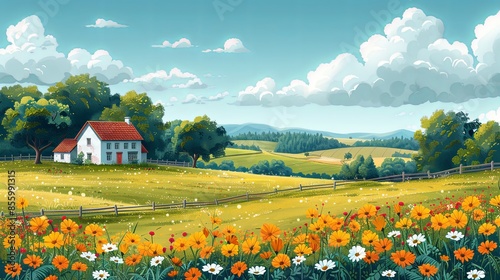 Nature and farm landscape. village, sky, field, trees, house and lawn for background, poster vector illustration set photo