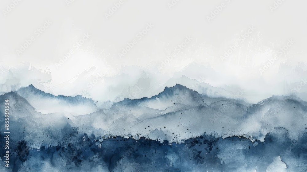A watercolor painting of blue mountains in the distance with a white background. A watercolor painting of blue mountains in the distance with a white background.