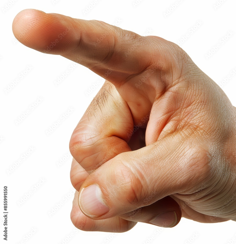 On a white background, there is an elderly woman's hand with wrinkles and clearly visible veins pointing in the direction of her finger. On a white background, there is an elderly woman's hand with wrinkles and clearly visible veins pointing in the direction of her finger.