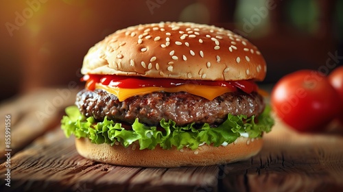 Close-up of a juicy cheeseburger with fresh lettuce, tomato, and a sesame seed bun on a rustic wooden table.