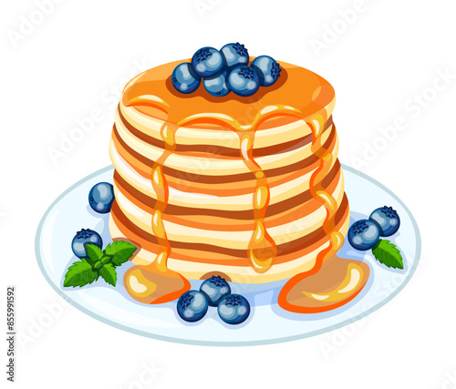 Vector illustration of a plate with delicious pancakes drizzled with honey and berries in a cartoon style.Pancakes with healthy blueberries and sweet honey, mint leaves isolated on a white background.