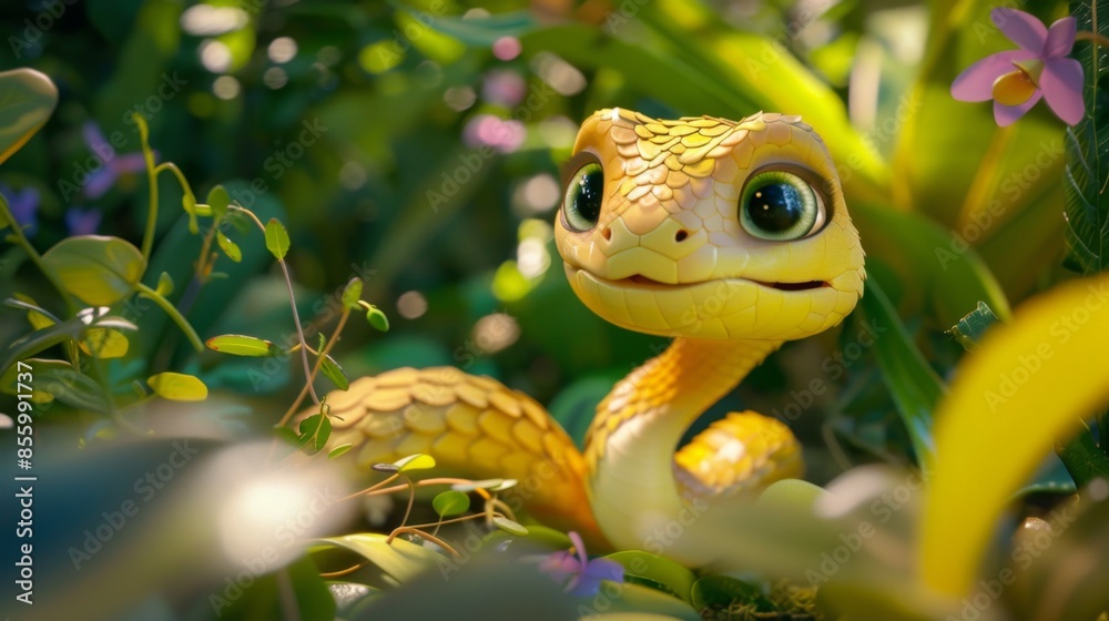 Adorable Cartoon Snake in Lush Greenery, Generative AI Adorable Cartoon Snake in Lush Greenery, Generative AI