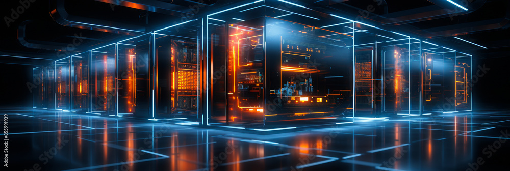 Fototapeta premium Modern Compact Data Center with High-Tech Server Racks and Glowing Neon Lights in Futuristic Setting at Night