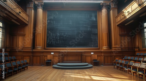  blank chalkboard in large grand prestigious university lecture hall