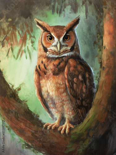 Abyssinian Owl Scouting For Food In Its Natural Forest Habitat 300 PPI Palette Knife On Canvas Art Style 300 PPI High Resolution Wall Art Poster And Print Art	