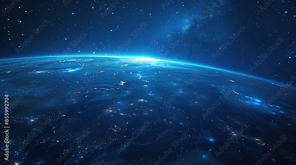 Obraz premium Cryptidcore Style Blue Space Background with Earth, Featuring Realistic Lighting