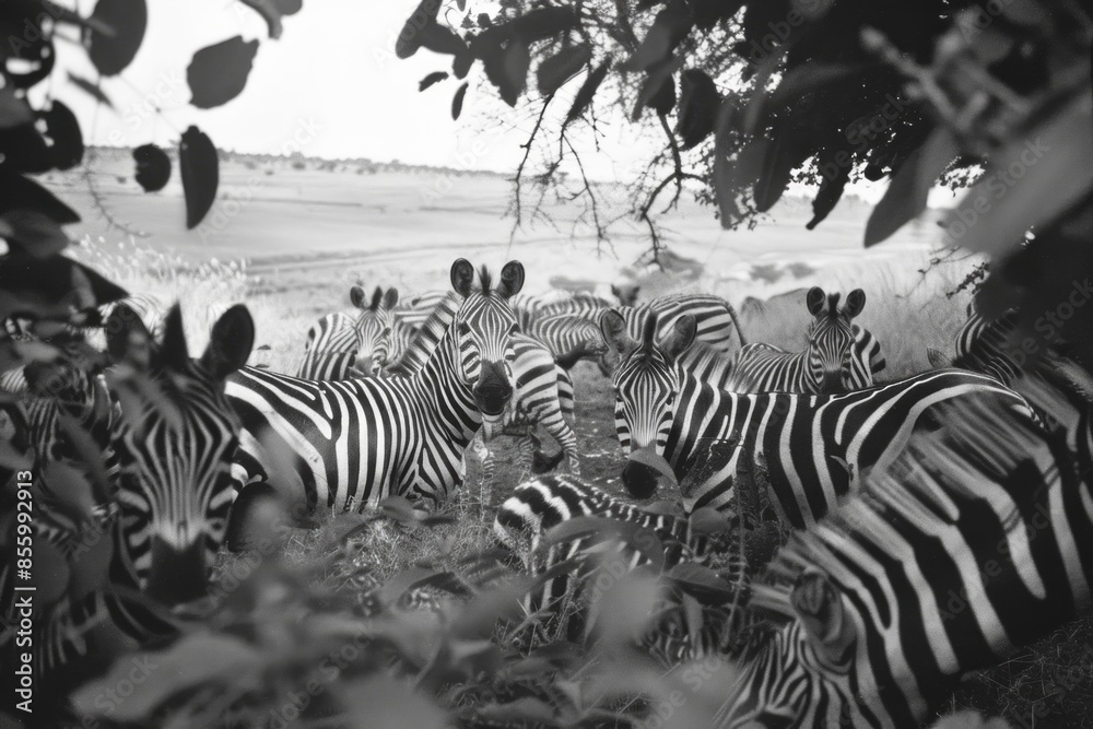 Fototapeta premium A spy camera capturing Zebra herd at Mara River Bank
