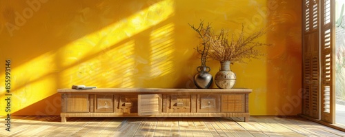 A room with a yellow wall and wooden floor. A vase with flowers sits on the floor. Free copy space for text.