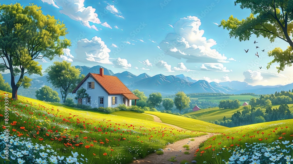 Nature and farm landscape. village, sky, field, trees, house and lawn for background, poster vector illustration set Nature and farm landscape. village, sky, field, trees, house and lawn for background, poster vector illustration set