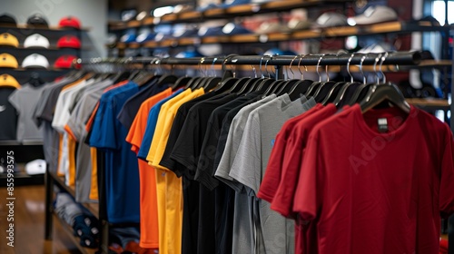 Wallpaper Mural A colorful array of t-shirts displayed on hangers in a modern retail clothing store. Torontodigital.ca