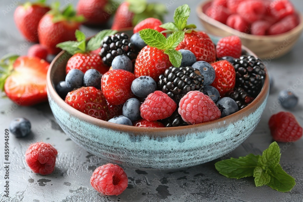 A bowl of mixed berries, including strawberries, blueberries, raspberries, and blackberries, with a sprinkle of mint leaves on top. A bowl of mixed berries, including strawberries, blueberries, raspberries, and blackberries, with a sprinkle of mint leaves on top.