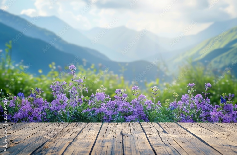 Obraz premium An advertising display concept with beautiful verbina flowers in front of a wooden desk and a blurred mountain view background